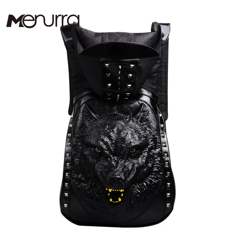 

Fashion Personality 3D skull Wolf leather backpack rivets skull backpack with Hood cap apparel bag cross bags hiphop man