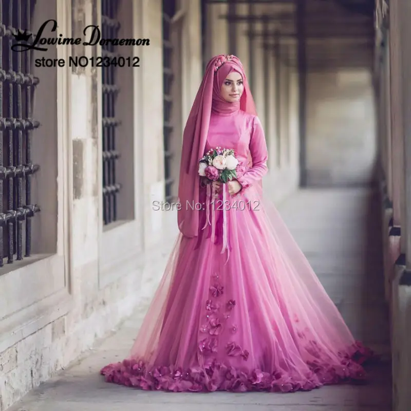 Vintage 3D Flower Wedding Dresses 2017 New Light Plum Muslim Vestido De Noiva Full Sleeves font