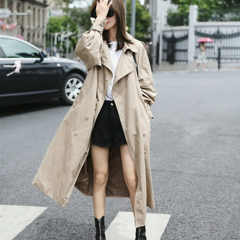 2017 Elegant Long Trench Coat Slim Sashes Classic Khaki