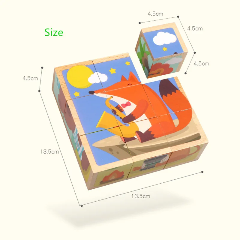 Animal Six Sided Puzzle Building Blocks Wooden Toys For Children Baby 1-2-3-6 Years Old Early Educational Toy