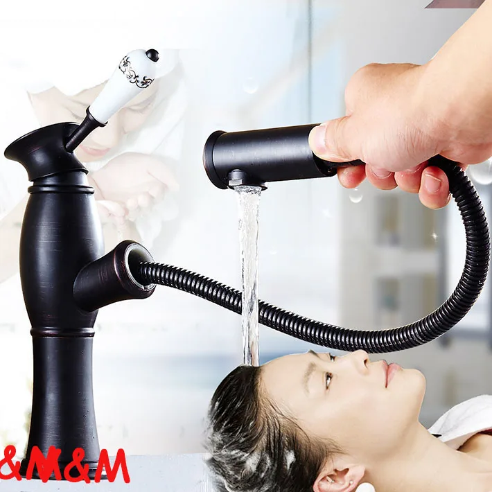 

Fashion Pull Out Wash Basin Sink Faucet Oil Rubbed Bronze Hot And Cold Water Bathroom Sink Mixer Tap with single ceramic handle