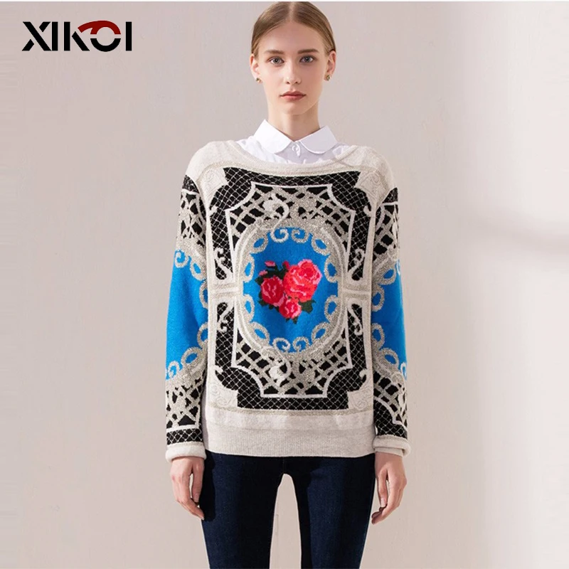 XIKOI سترة أزياء المرأة عارضة البلوفرات ميزة روز طباعة البلوزات س الرقبة طويلة الأكمام الإناث الملابس قمم النمط الغريب