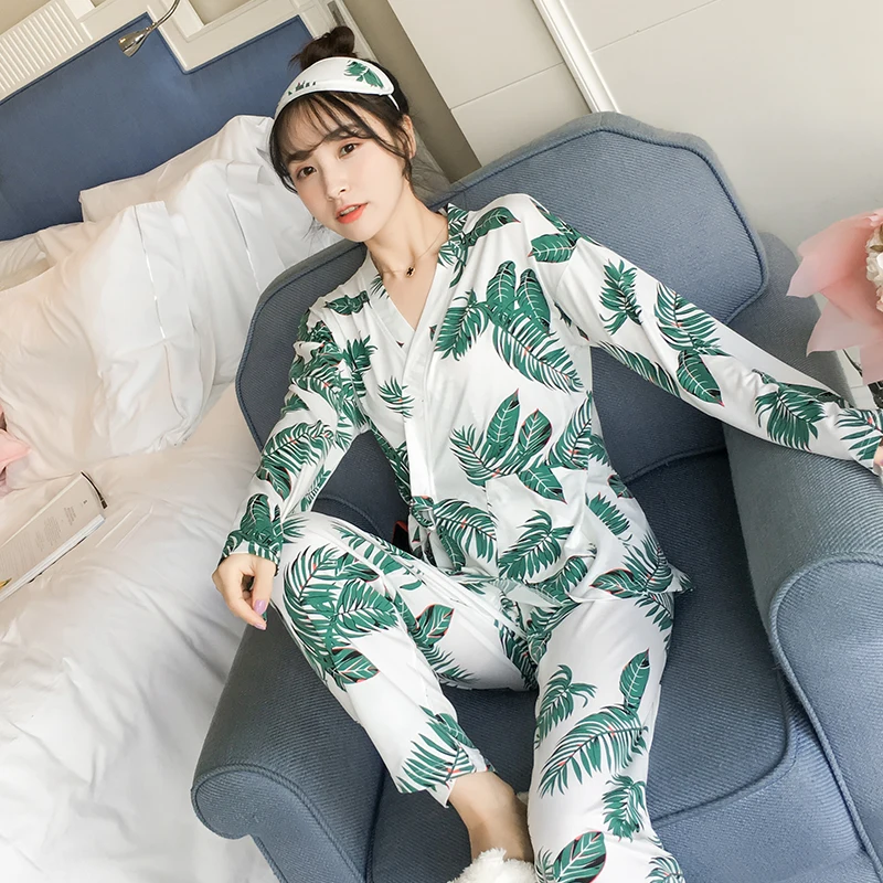 2018 осенние пиджамы комплект Для женщин пижамы костюм кимоно Ванная комната Пижама женская пижама Комплекты Набор длинных брюк халат с