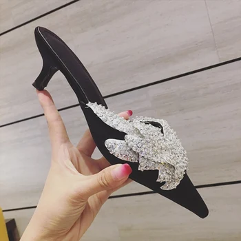 

Vogue Luxury Rhinestone Kitten Heel Women Mules High Heel Women Pumps Pointed Toe Elegant Crystal High Heel Shoes SWB0007