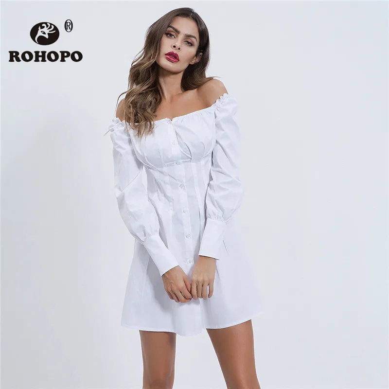 

ROHOPO Long Sleeve Women Cotton Buttons Dress Lantern Sleeve Single Breast Fly Draped Off Shoulder Strapless Office Ladies Dress