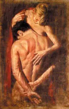 

Oil painting romantic young lovers naked strong young man and girl Hand painted