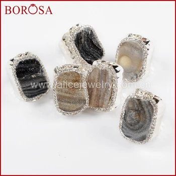 

BOROSA Druzy 5/10PCS Freeform Brazilian Galaxy Quartz Silver Band Ring Crystal Paved Zircons Natural Quartz Rings Jewelry JAB917