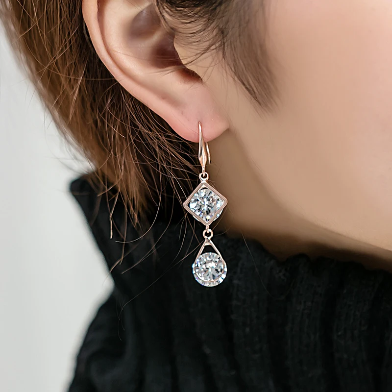 Женские серьги подвески из розового золота с фианитами|long drop earrings|long earringslong earrings