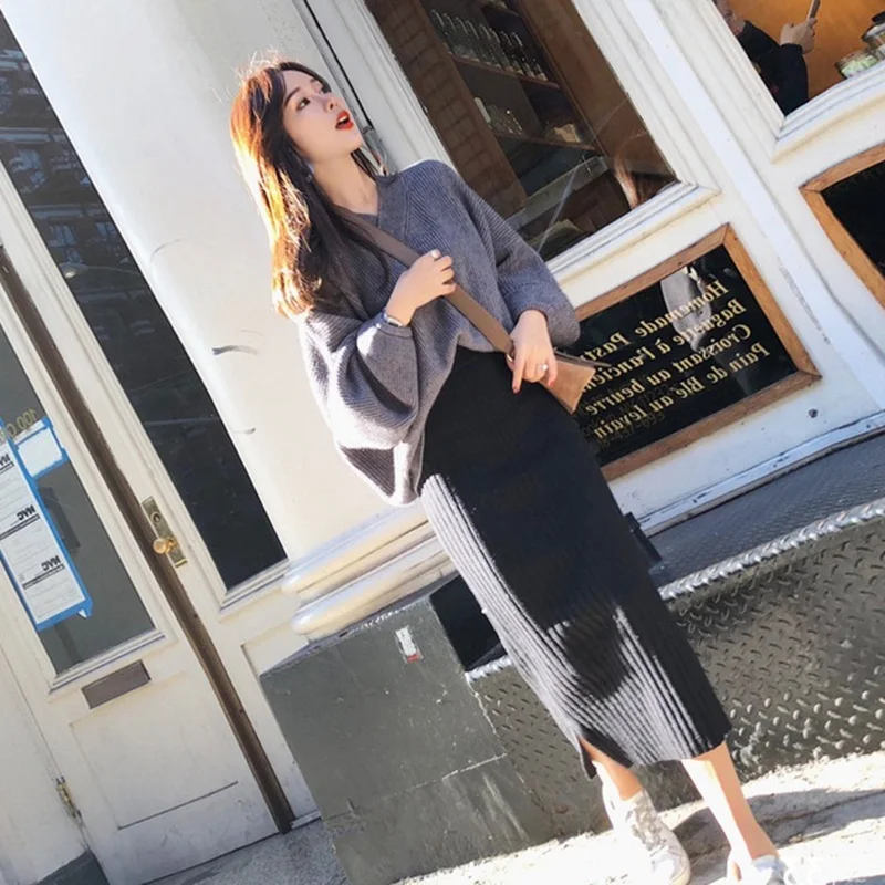 

2019 Autumn Winter Women V Neck Knit pullover Sweaters + Bodycon Skirts Sets Solid Casual chandal mujer OL two piece Skirt Suits