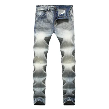 

Vintage Light Blue thick cotton Men's Jean Trousers Men Midweigth Stretch Spandex Denim Slim Fit Jeans Pants For Business