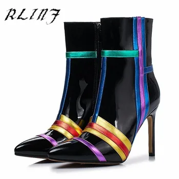 

RLINF new leather suede leather pointed high-heeled color matching side zipper boots leather boots