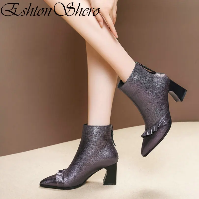 

EshtonShero Winter Shoes Woman Ankle Boots Cow Leather+PU High Heel Zipper Lace Work Ladies Motorcycle Boots Size 34-42