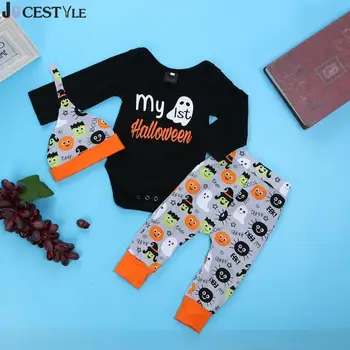 

2017 Autumn Newborn Baby Sets Infants Three-piece Halloween Printing Cartoon Ghost Baby Pants Cap Romper 3Pcs/Set