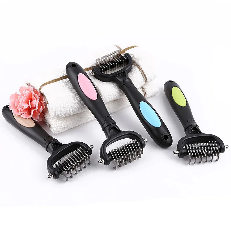 

Pet Dematting Comb with 2 Sided Professional Grooming Rake for Cats & Dogs Open Knot Remove Tangle Hair Blue Pink Green Coffee