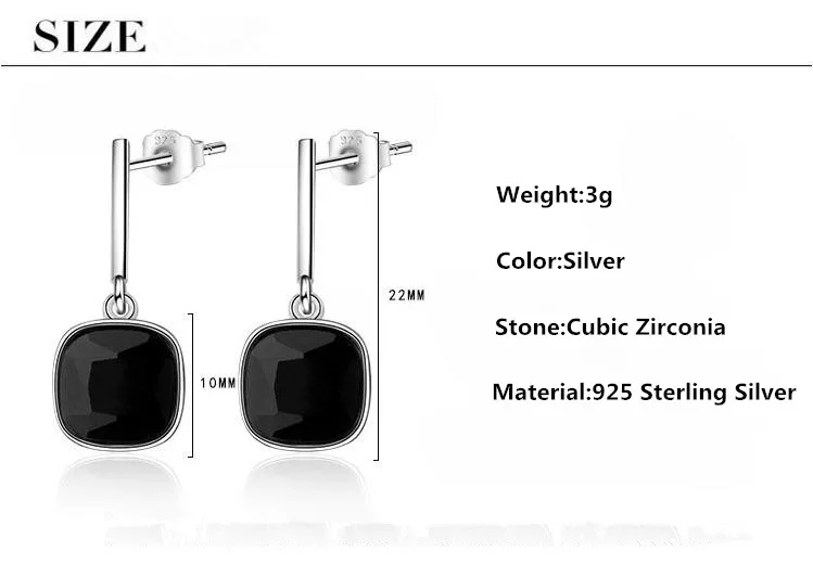 Стерлингового серебра 925 классический квадратный черный CZ Циркон дамские гвоздики серьги Оригинальные Ювелирные изделия для женщин ушные манжеты дешевый подарок