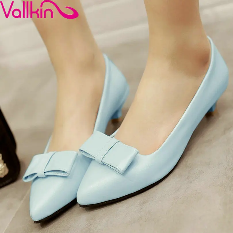 

VALLKIN Size 43-39 Sweet Bow Tie Thin Med Heel Pointed Toe Woman Pumps Spring Patent Leather Dress Shoes Fashion Ladies Shoe