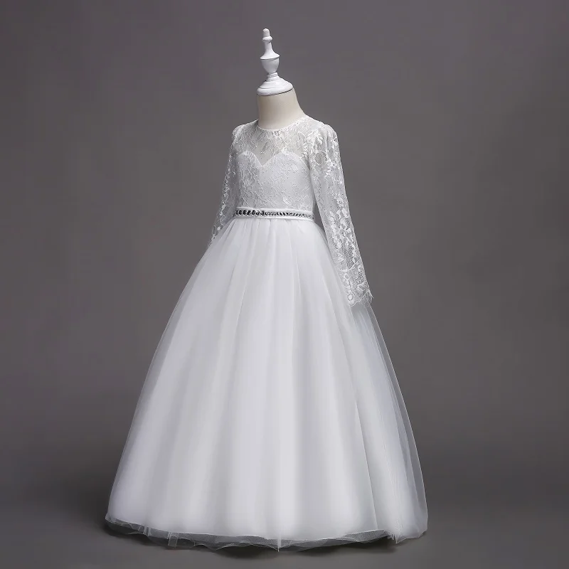 Белое свадебное платье с длинными рукавами для девочек; кружевные вечерние платья принцессы из тюля, украшенные стразами; платье для первого причастия для девочек
