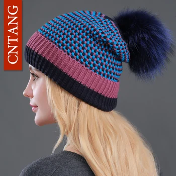 

2017 Women Dot Beanies Knitted Plus Velvet Warm Fur Hats Fashion Natural Raccoon Fur Caps Winter Casual Pompon Hat For Female