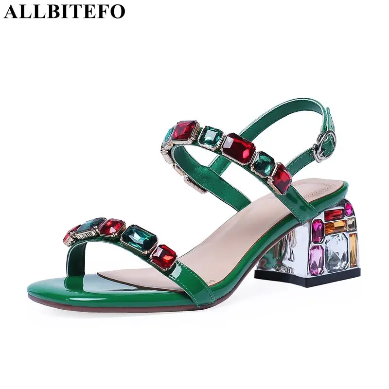 

ALLBITEFO Rhinestone heel genuine leather high heels women sandals wedding women shoes summer women high heel shoes size:34-43
