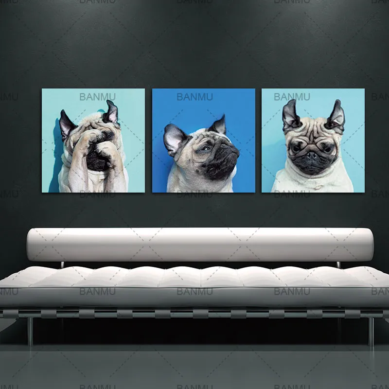 

Animal World Series 13 Pug Puppy Modern Canvas Wall Art Paintings Puppy Blue Artwork for Bedroom Living Room Decoration