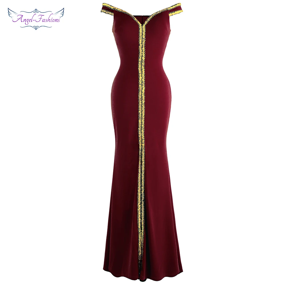 Женское вечернее платье Angel fashions Черное длинное с вырезом лодочкой и разрезом для