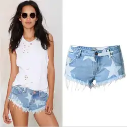 SupSindy Для женщин Короткие джинсы 2019 винтажный Европейский стиль звезды печати кисточкой Джинсовые шорты люксовый бренд тонкий