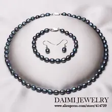 Perla de la alta Calidad Sistemas de la Joyería de Moda collar 925 Pendientes de Plata Esterlina Joyería de Perlas de Arroz Negro.