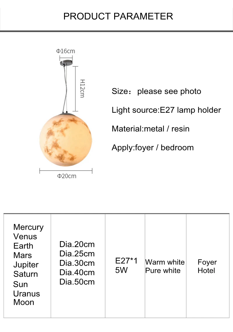 Планета подвеска огни Луна Модель солнца ресторан спальня декорация фойе droplight кутюр детская комната Смола 3D печать узор