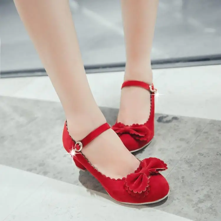Новые милые туфли Лолиты в японском стиле, с бантом, на толстой подошве, черного, бежевого, красного цвета, женская обувь для студентов, обувь на среднем каблуке 5 см, размера плюс 31-48