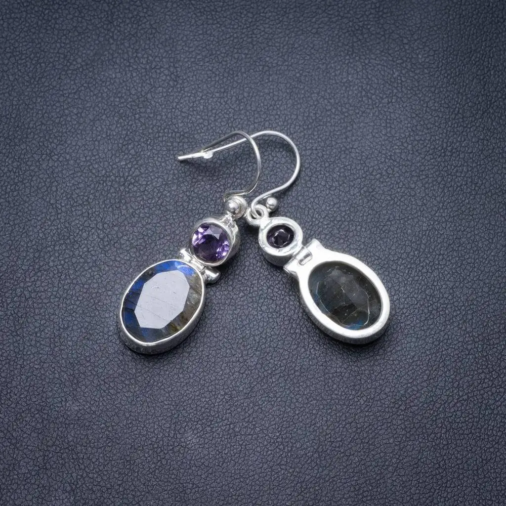 

Natural Blue Fire Labradorite and Amethyst Handmade Unique 925 Sterling Silver Earrings 1.5" Y3257