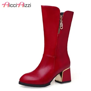 

ZALAVOR Office Lady High Heels Boots Zipper Warm Mid Calf Boots Women Round Toe Winter Fur Shoes Fashion Footwear Size 30-43
