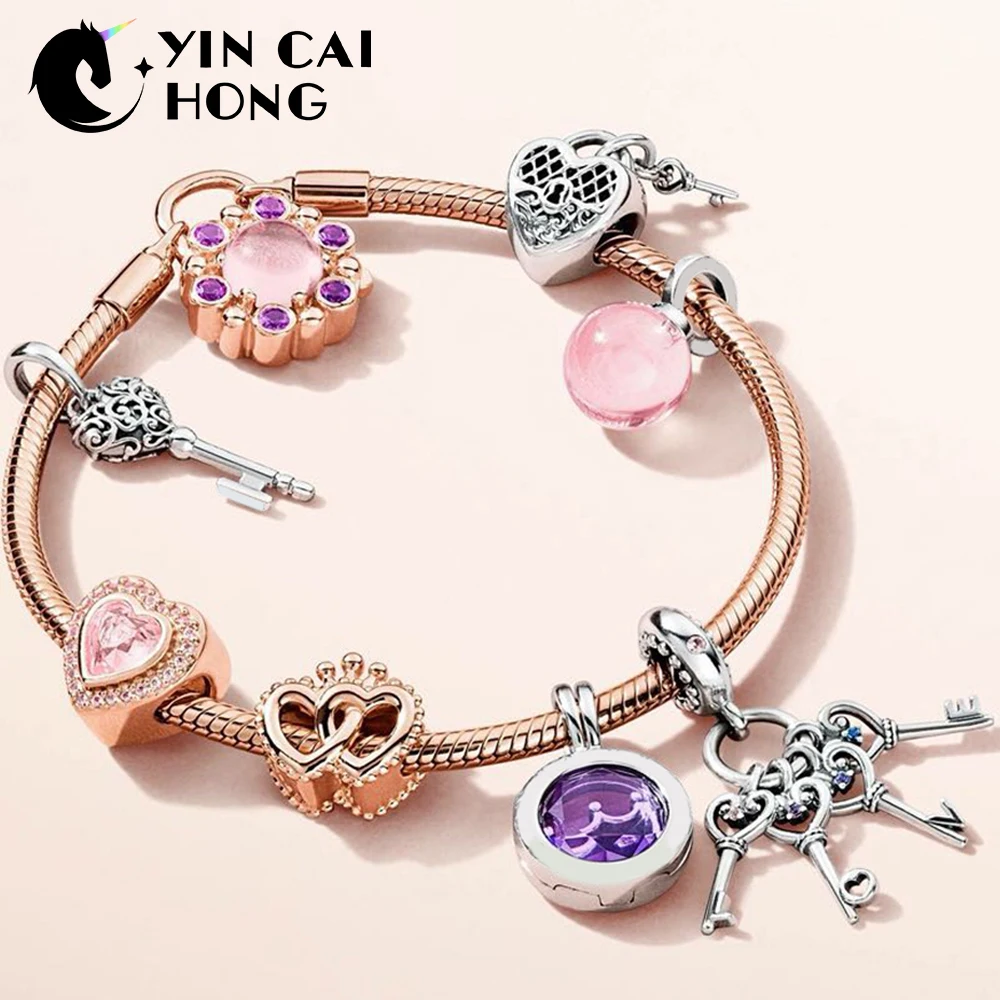 

YCH 100% 925 Sterling Silver Heart Beaded Crown Key Hanging Charm Rose Gold Bracelet Gift Set Women Fashion Jewelry
