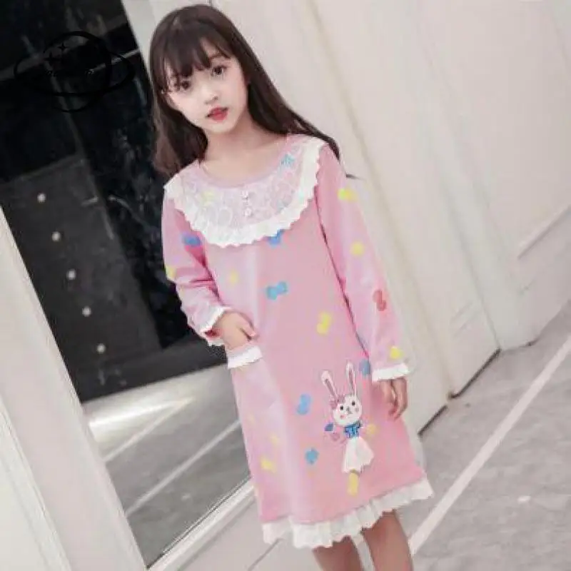 

YAUAMDB girls nightgowns 2018 spring autumn 4-13Y children sleepwear long sleeve cartoon print clothing infant pocket clothes 49