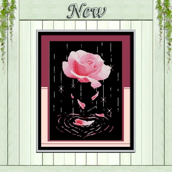 

Flower rain pink rose black cloth painting counted on canvas DMC 14CT 11CT Cross Stitch Embroidery kits Needlework Set unprinted