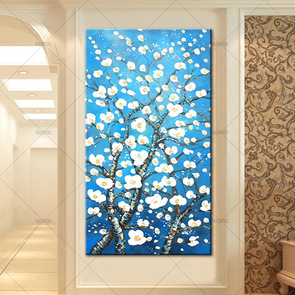 Modern-Blue-Art-Almond-Blossoms-Oil-Painting-on-Canvas-Hand-Painted-Tree-Wall-Mural-Picture-Decoration