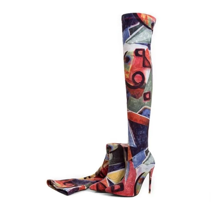 

Mixed Colors Patchwork Women High Boots Pointed Toe Stretch Fabric Over Knee Boots Womens Slip Fit Sock Boots Plus Size
