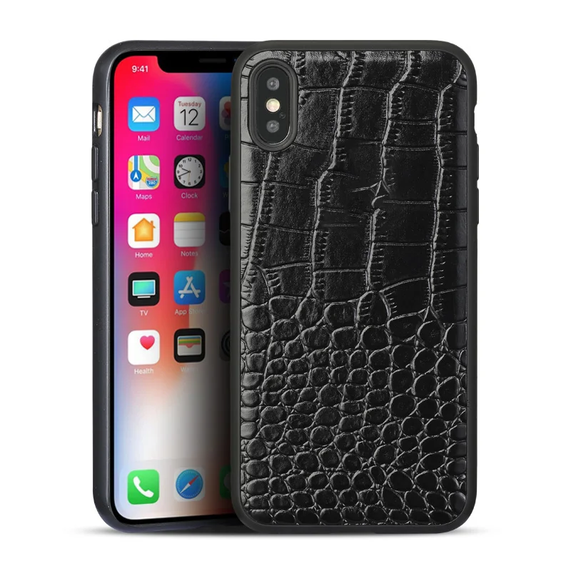 FOR iPhone X Leather Case Slim Fit Cell Phone Cover Genuine Case(Crocodile skin Style)for (Black | Мобильные телефоны и