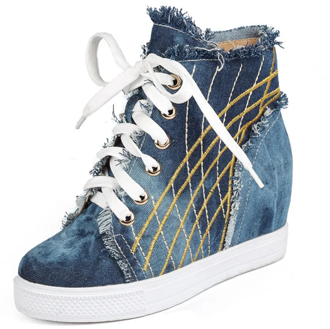 

Factory Direct Sales Fashion Shoes Wedge Cowboy Height Increasing 4cm Women Shoes Round Toe Lace Up New  Casual Shoes