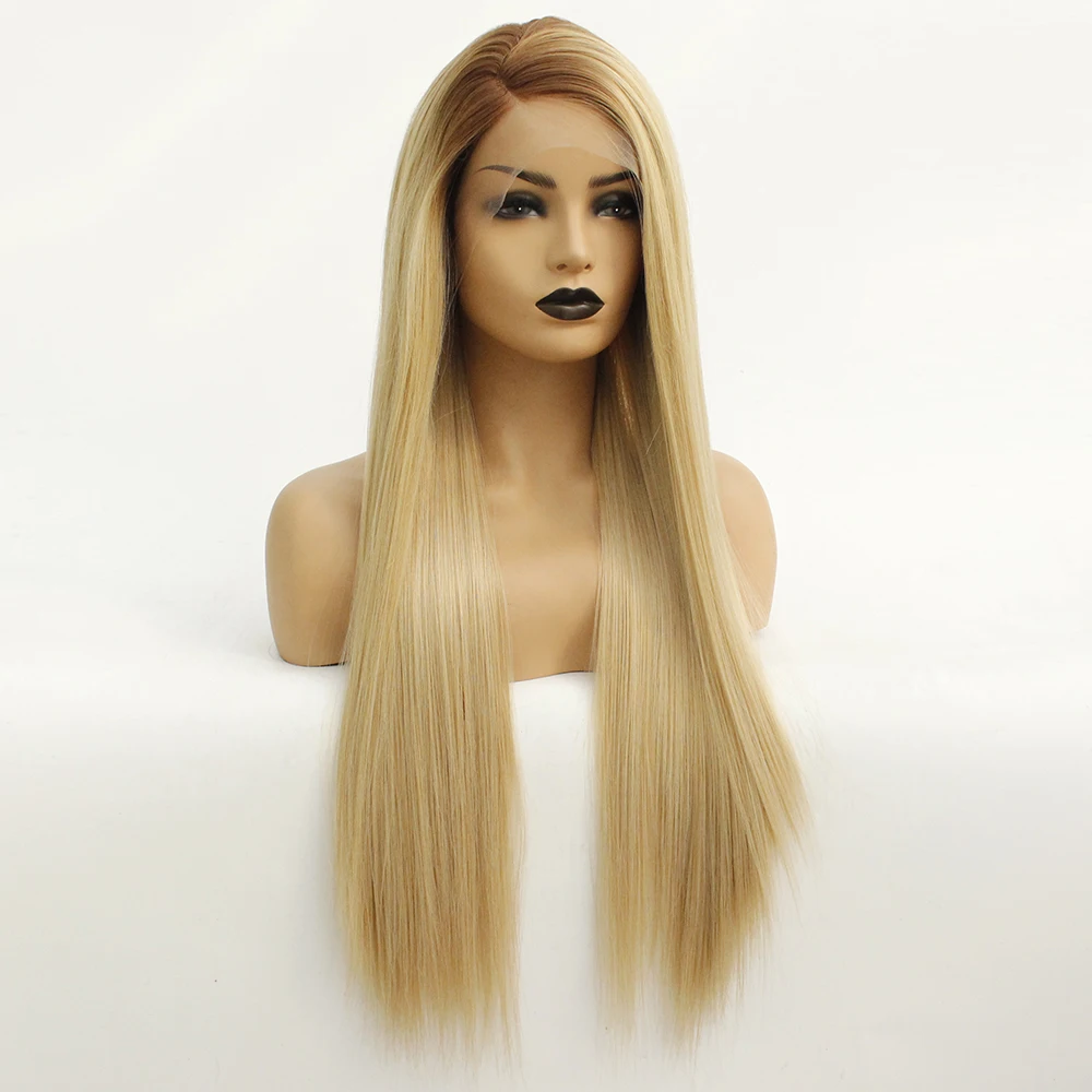 Brown Ombre Blonde Synthetic Lace Front Straight Wig Side Part-2