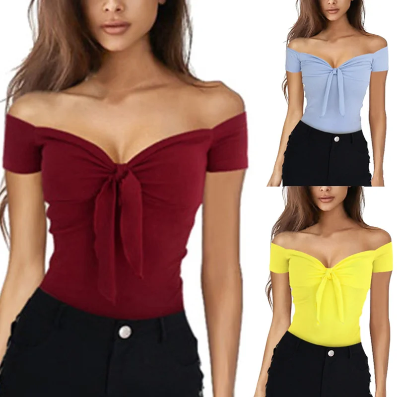 

Women Tops Solid Color V Neck Off Shoulder Short Sleeves Shirts for Summer IK88