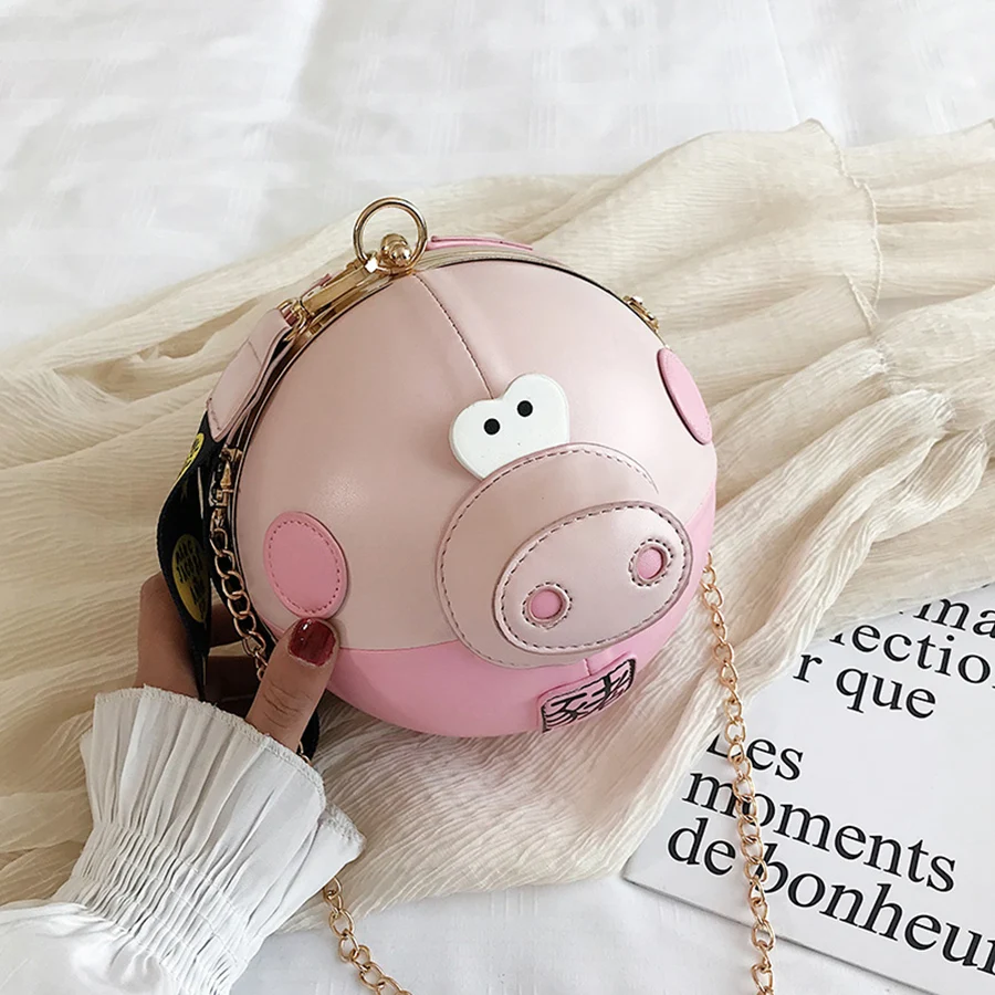 

Cute Pink Pig Design Women's Shoulder Bags Round Luxury Leather Women Handbags Ladies Pu Chain Hand Bags Top-handle Female Bolsa