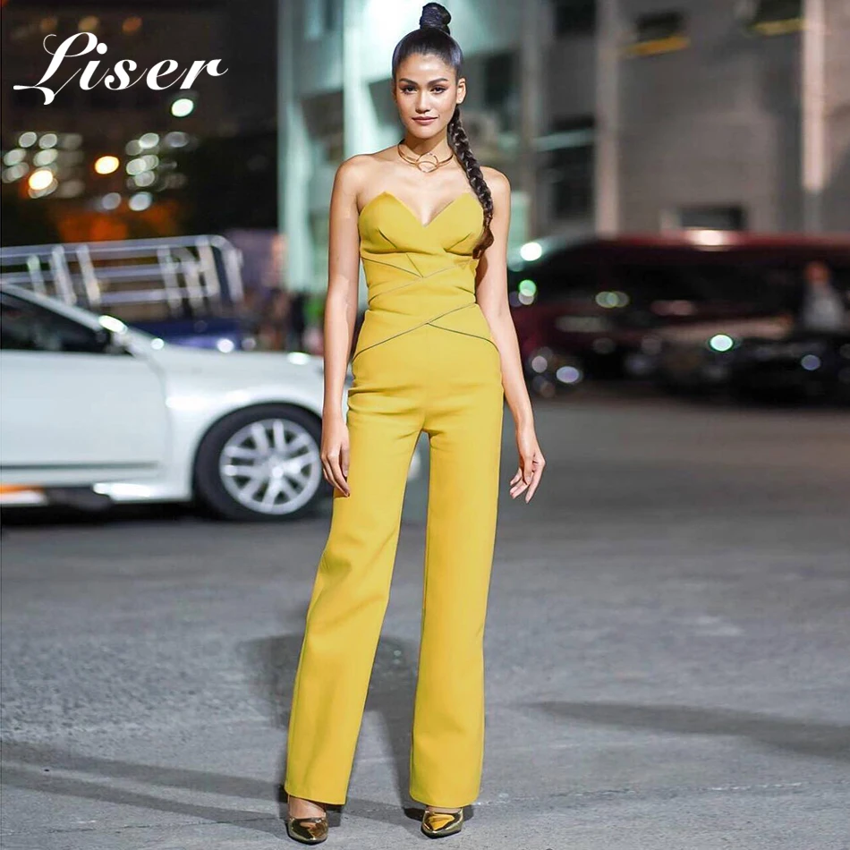 

Liser 2019 New Summer Women Jumpsuits Sleeveless Strapless Jumpuits Sexy Bodycon Elegant Evening Party Yellow Jumpsuit Vestidos