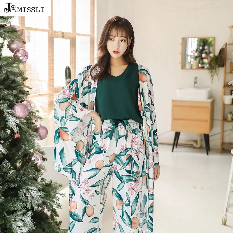 

JRMISSLI Women Pajama Sets Womens 4 Piece Set Sleep Lounge Cotton Sexy Spring Autumn Pijama Nightwear Flower