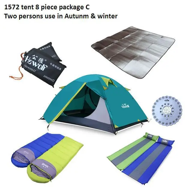Best price at $329 Cheap free shipping air mattress sleeping bag groundsheet tent lamp camping tent 8 piece two persons tents for autumn winter 1572-C