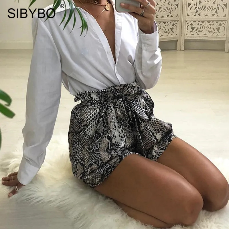 Женские шорты с высокой талией Sibybo свободные со змеиной кожей на завязках