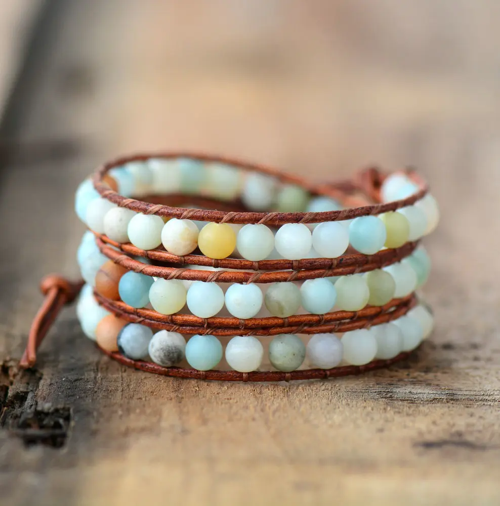 Vintage Leather Bracelets 6MM Matte Amazonite 3 Strands Woven Wrap Bracelet Handmade Multilayer Beads Jewelry Dropship