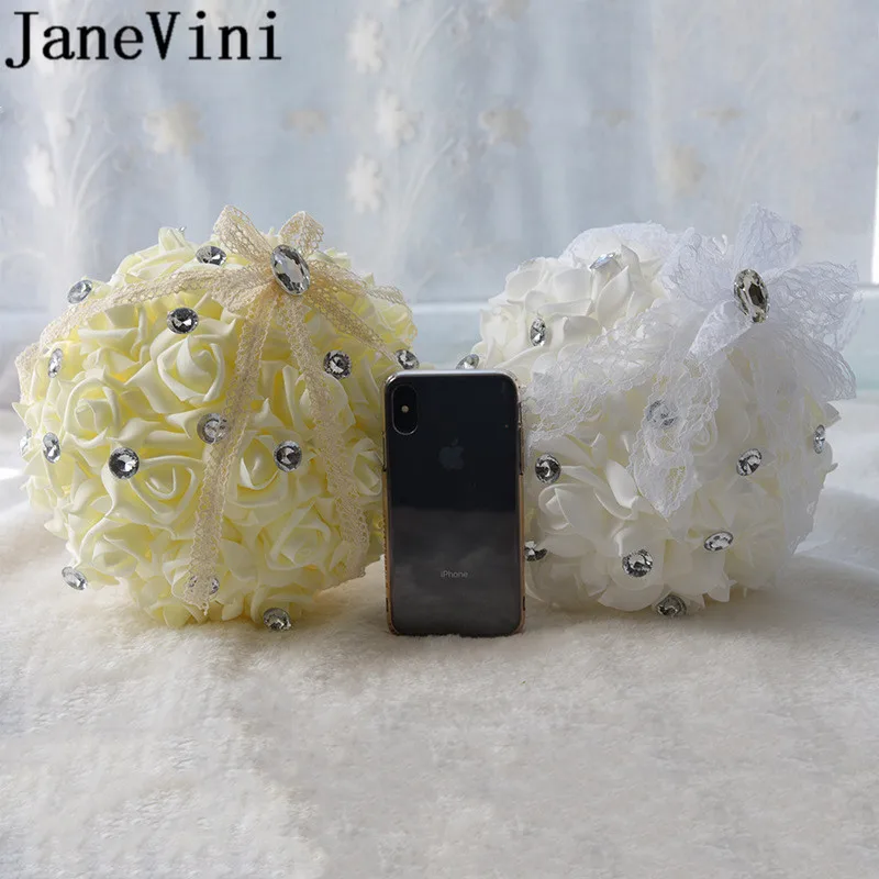 JaneVini Диаметр 22 см Кристальный Свадебный букет из пеноматериала мыло из лепестков роз бисером букет невесты Кружевной Белый/слоновой кости