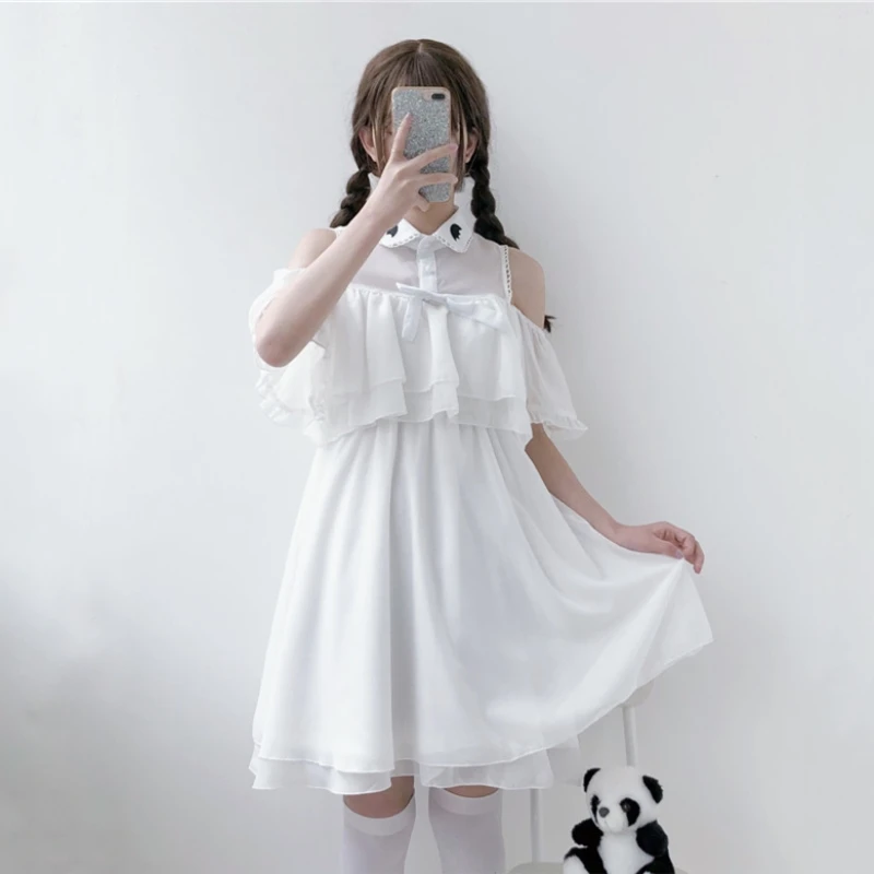 Kawaii платье женская одежда милый мультфильм Лето Turn Down воротник вышивка оборками