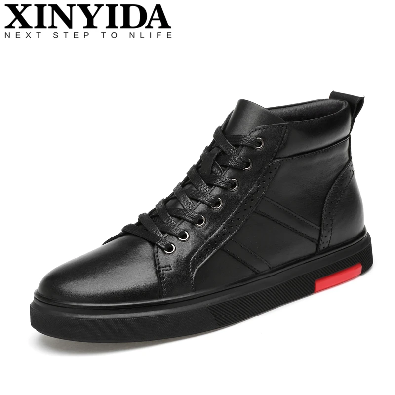 

High Top Genuine Leather Men Skateboarding Shoes Lace Up Warm Plush Casual Sneakers Fashion Trainers Shoes Man Plus Size 37-45
