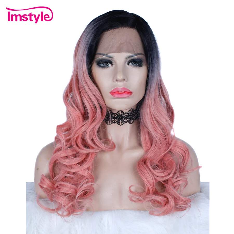 

Imstyle Ombre Pink Wig Dark Root Lace Front Wig Synthetic Hair Natural Wavy Wigs For Women Party Cosplay Wig